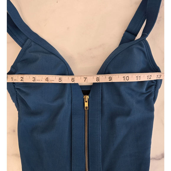 Kona Sol Womens Ribbed One Piece Swimsuit Small Blue Zipper Front Resort Beach - Picture 8 of 13